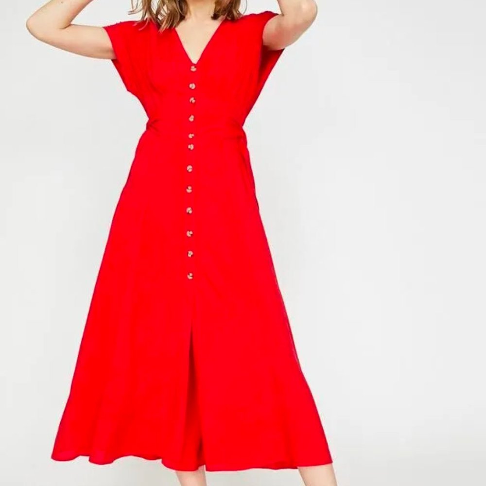 Koton v-neck, midi, cherry red dress with tags | Size 12 UK (8 US)